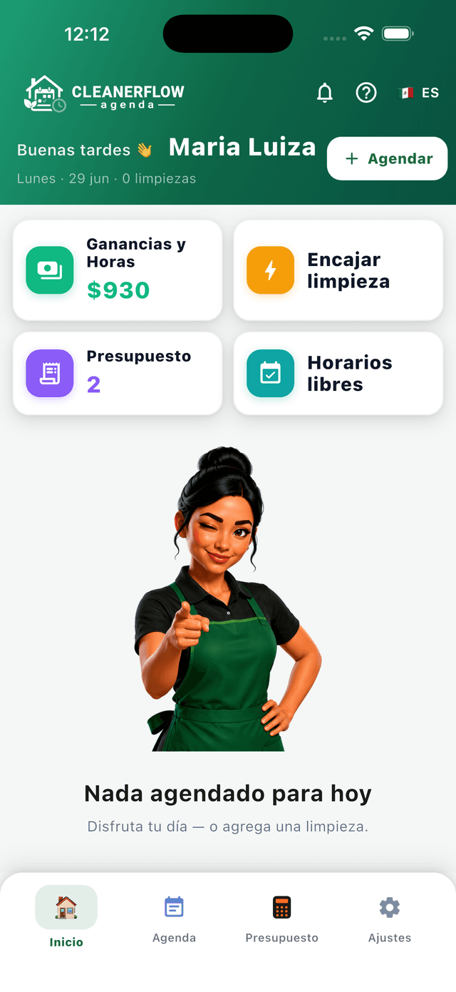 La app CleanerFlow Agenda mostrando la agenda del día