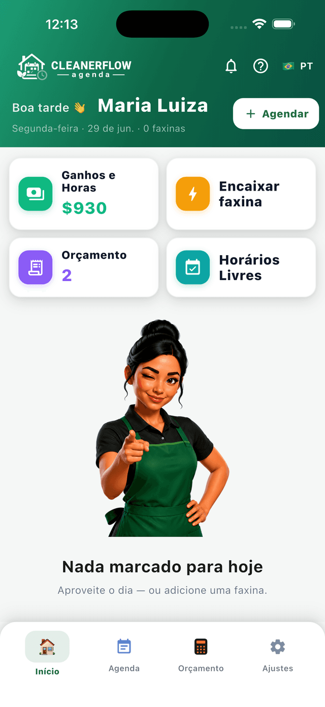 O app CleanerFlow Agenda mostrando a agenda do dia