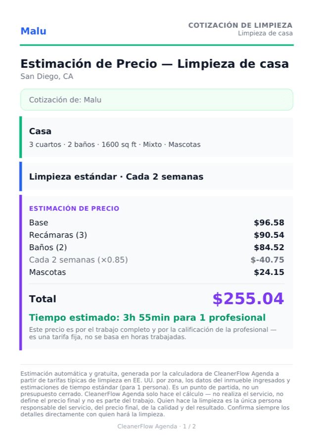 Cotización de limpieza en PDF generada por CleanerFlow Agenda, con el nombre de quien limpia, el desglose del precio y el total.