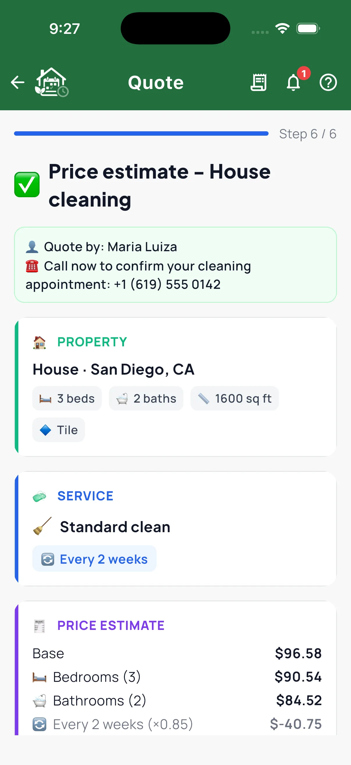 The price calculator showing a finished quote with a full price breakdown