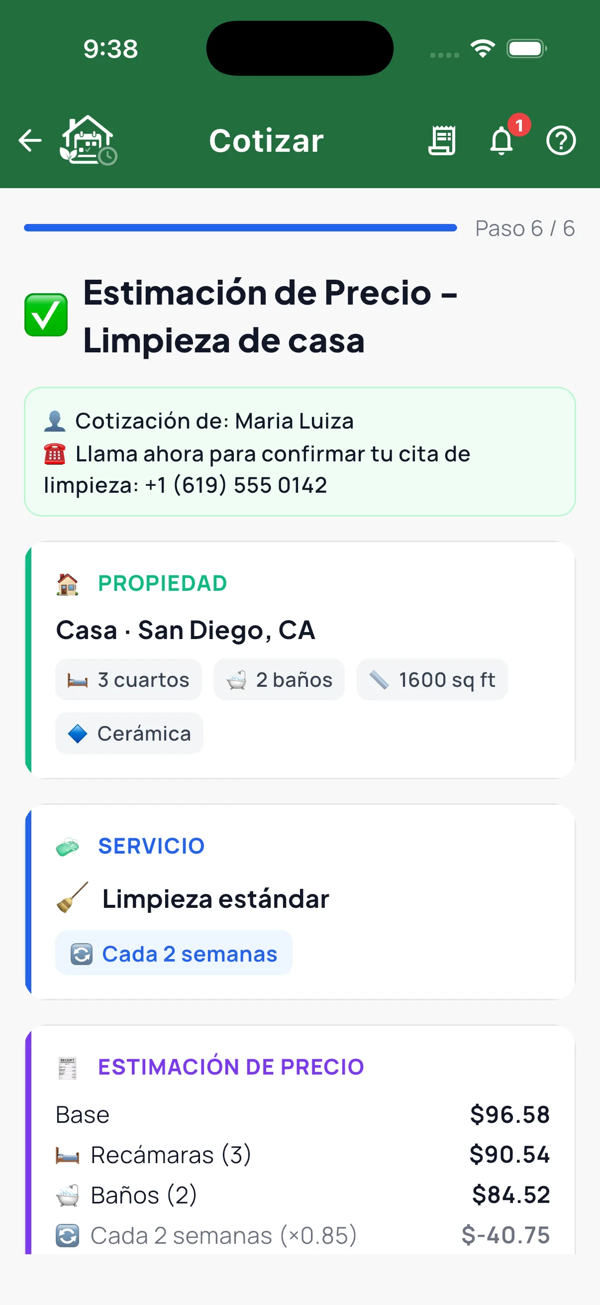 La calculadora mostrando una cotización lista con el desglose del precio