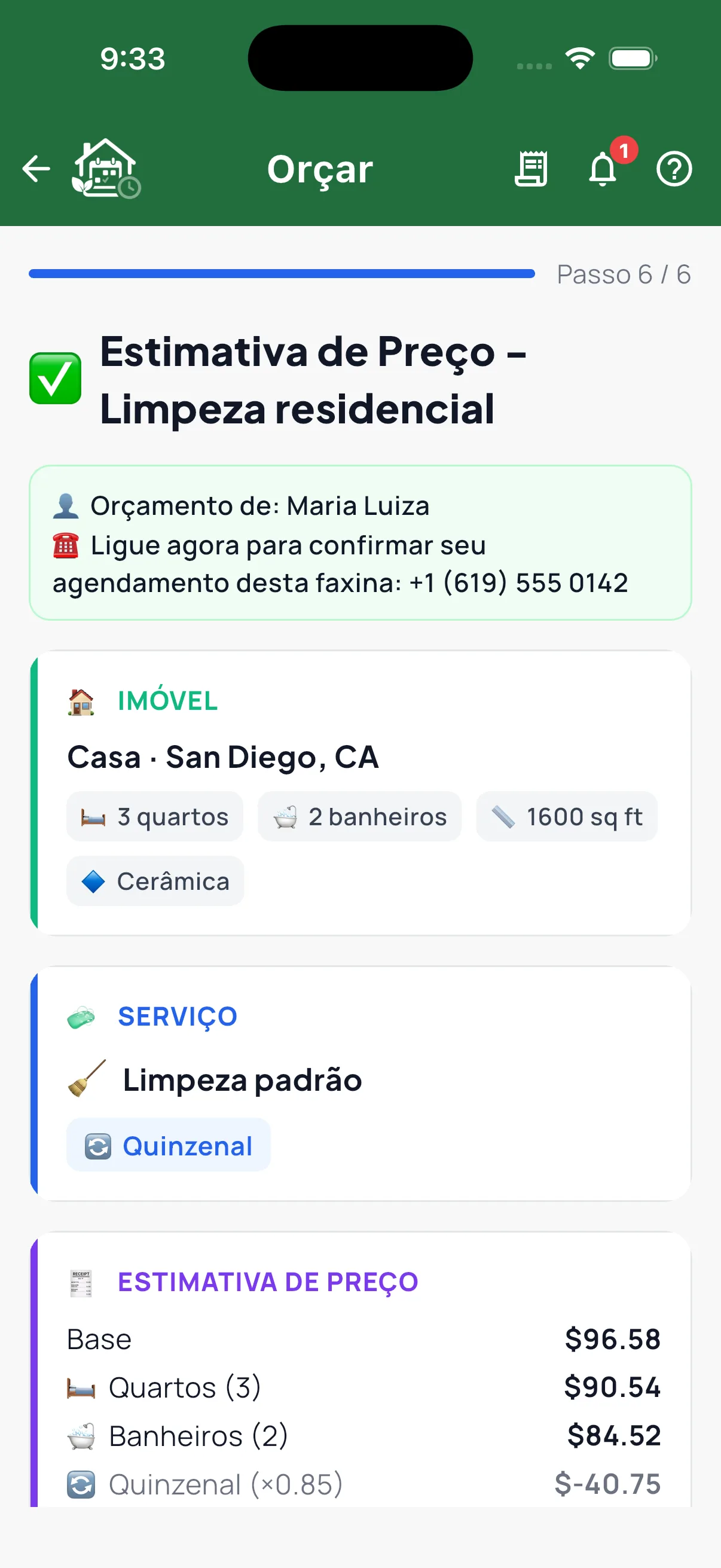 A calculadora mostrando um orçamento pronto com a quebra do preço