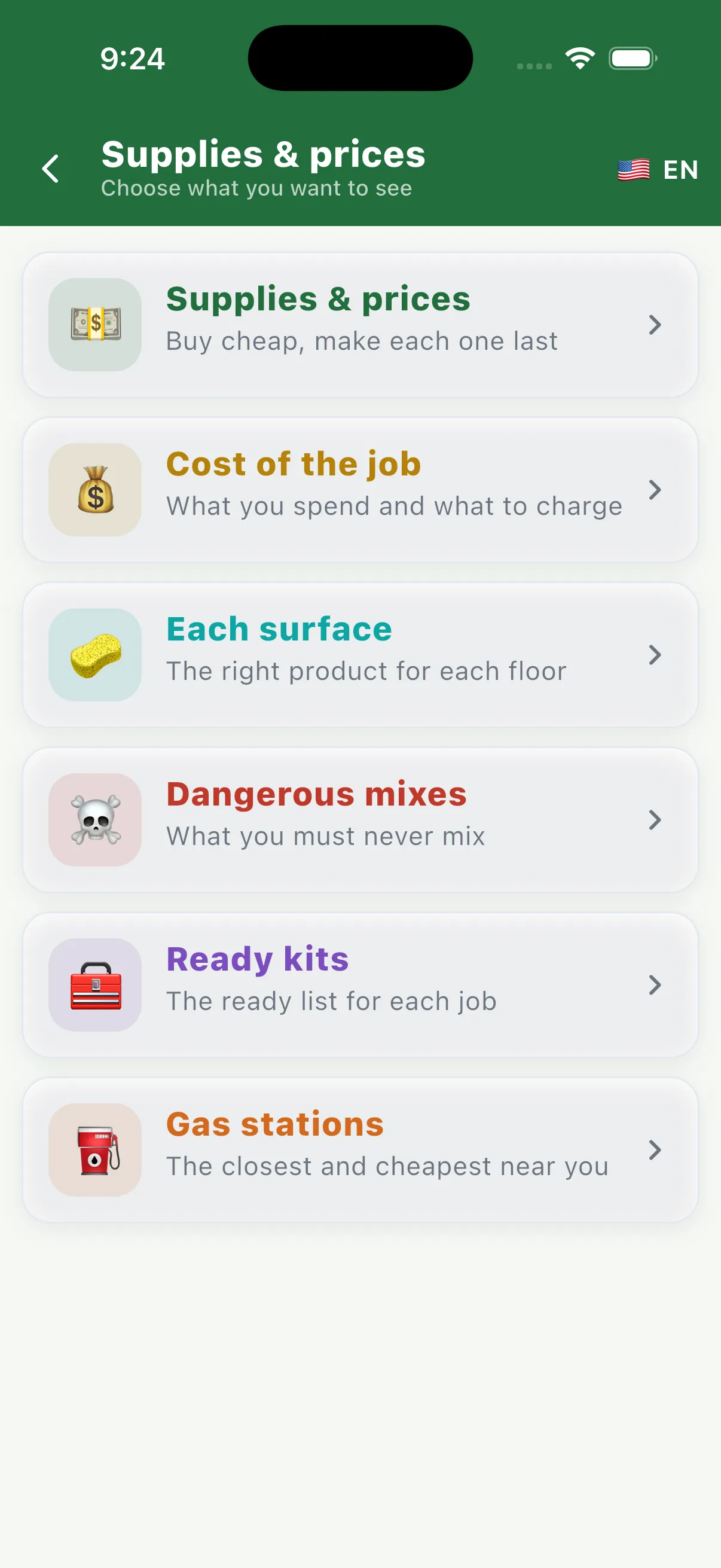 The supplies screen showing real cleaning products with current prices