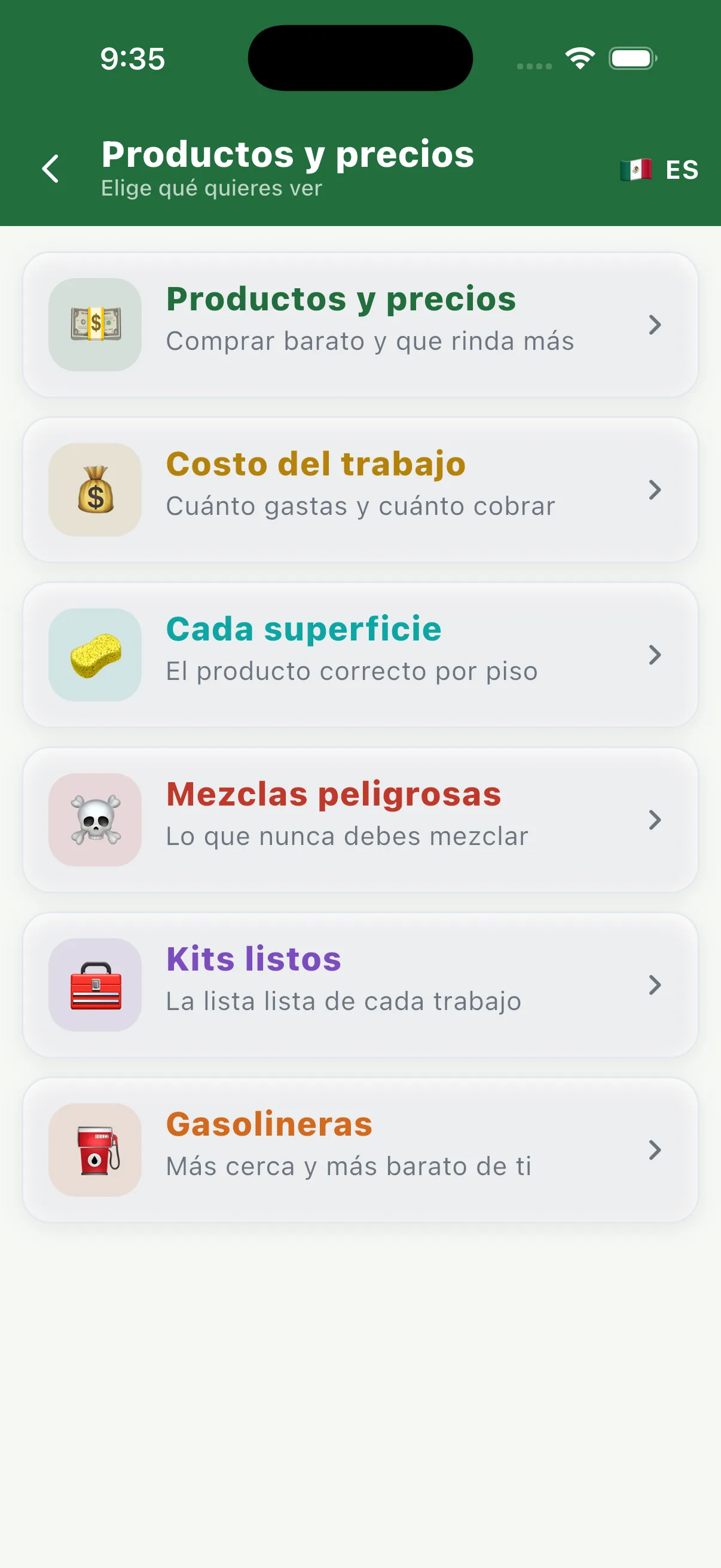 La pantalla de productos mostrando productos de limpieza reales con precios actuales