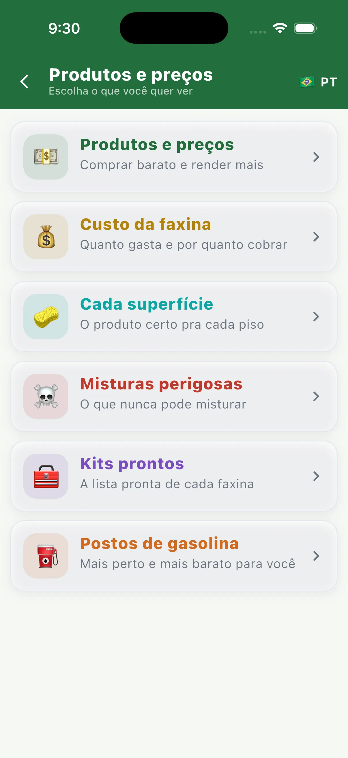 A tela de produtos mostrando produtos de limpeza reais com preços atuais