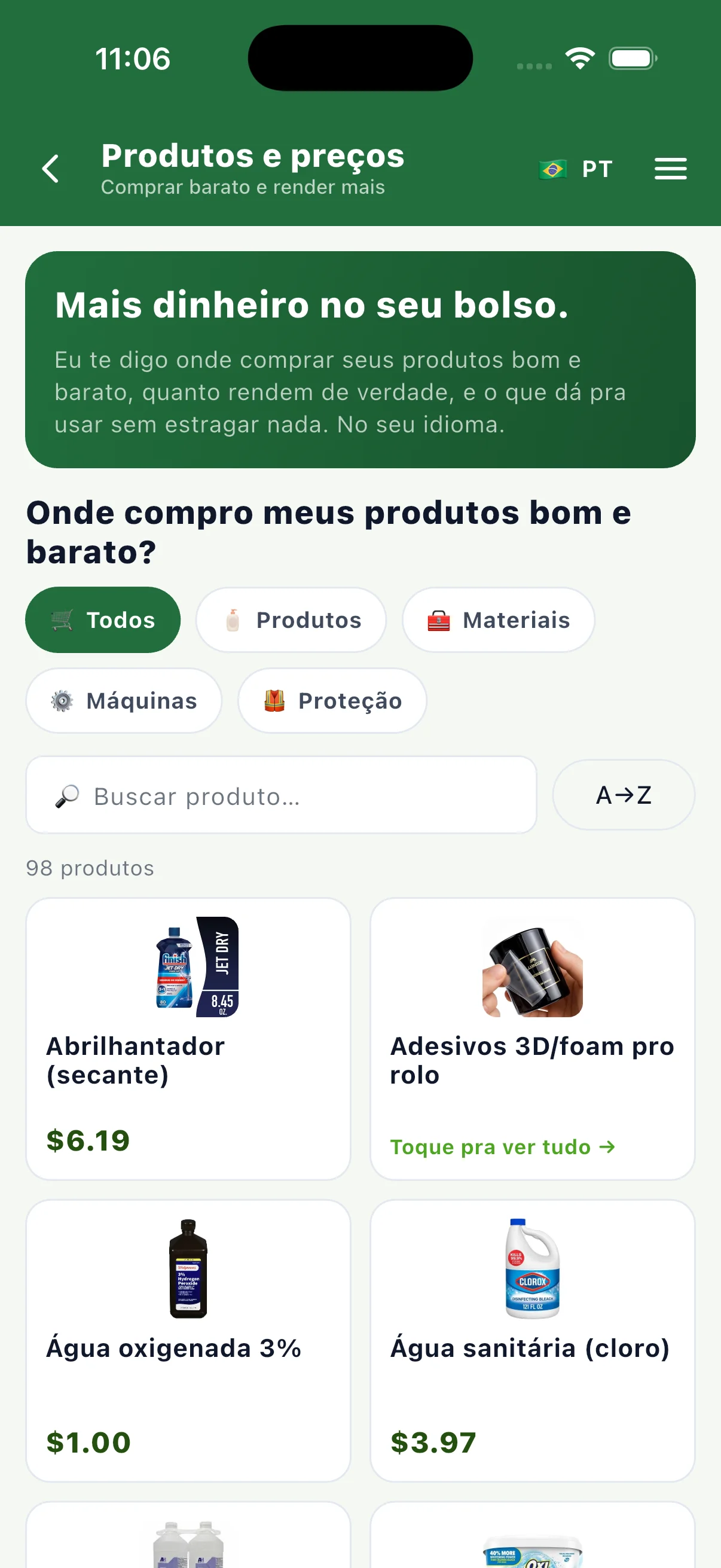 The supplies screen showing real cleaning products with current prices