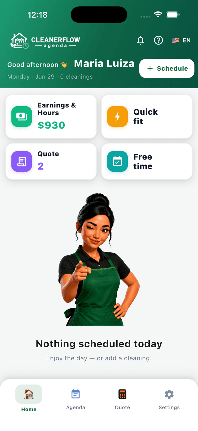 CleanerFlow Agenda app showing the day's schedule