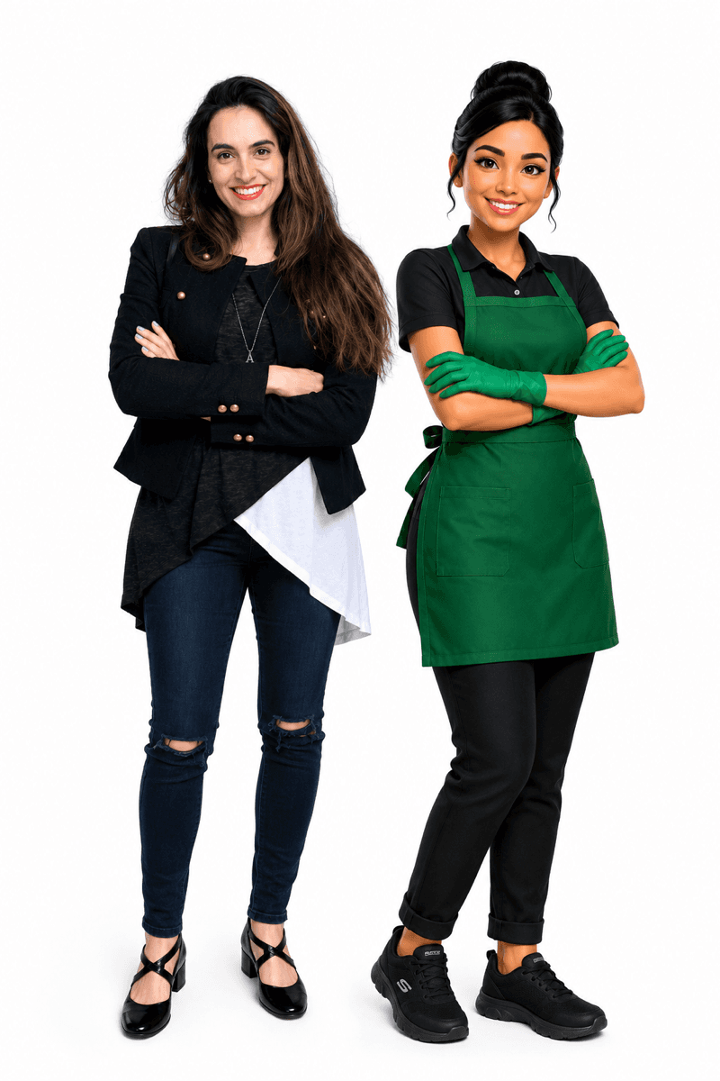 Maria Luiza, a real house cleaner, standing beside Malu, her digital helper inside the app