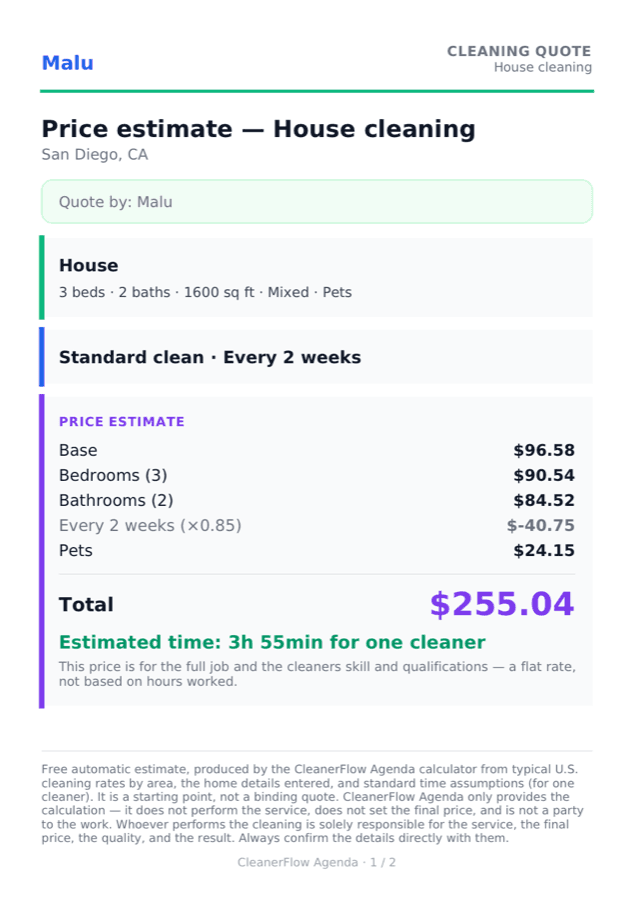 Cleaning quote PDF generated by CleanerFlow Agenda, showing the cleaner's name, the price breakdown and the total.