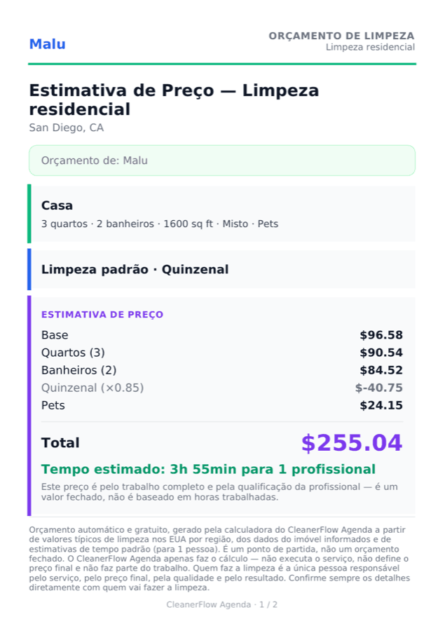 Orçamento de limpeza em PDF gerado pelo CleanerFlow Agenda, com o nome da profissional, os itens do preço e o total.