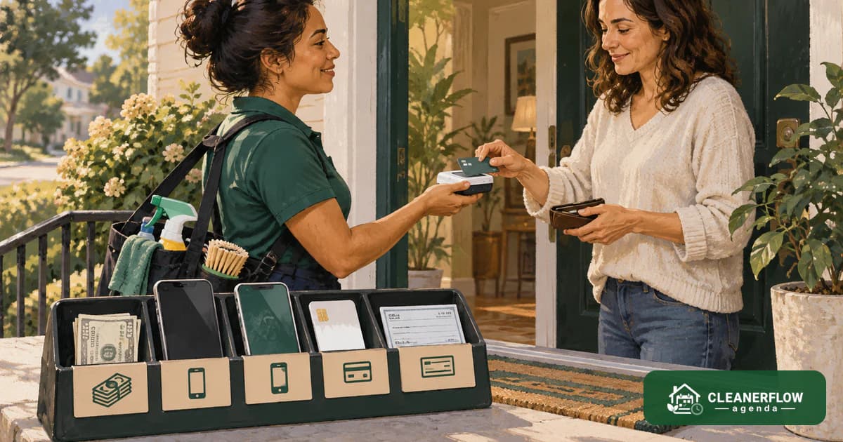 A cleaner being handed payment at a front door beside a row of payment method cards