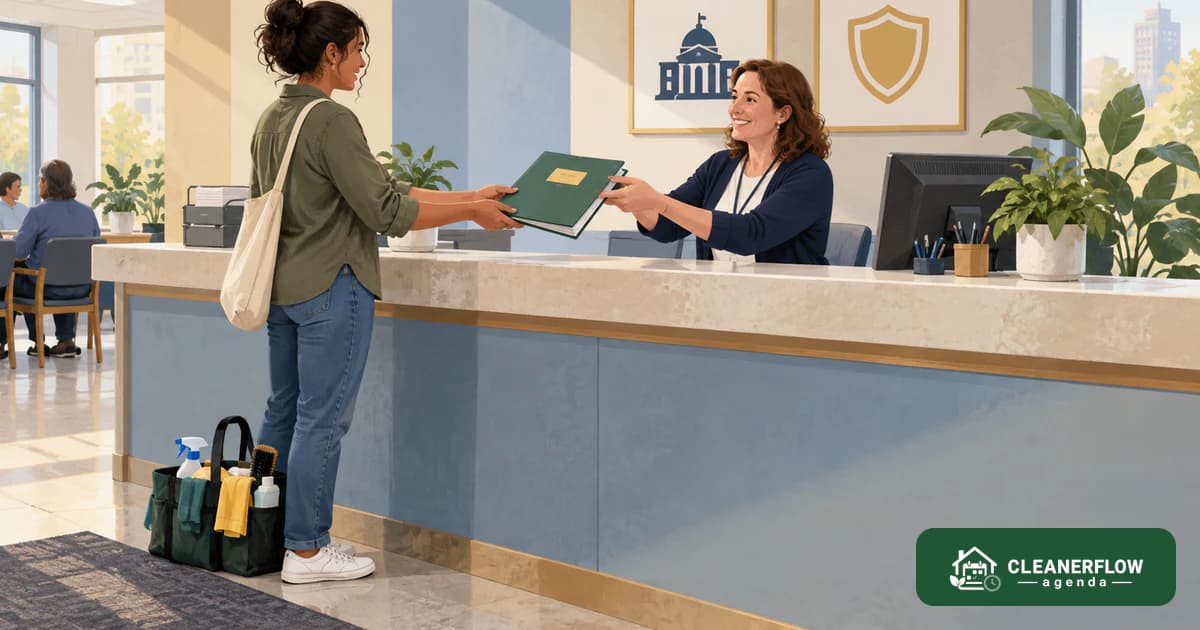 A cleaner handing a folder across a counter at a public office, her caddy on the floor