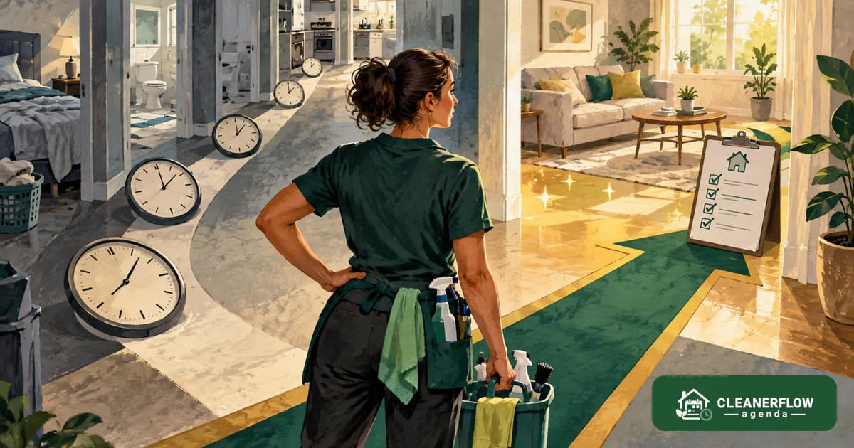 A cleaner standing in a hallway between a wall of clocks and a bright finished room