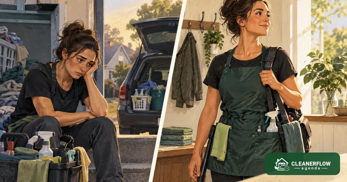 Two panels: a tired cleaner sitting on a step, and the same cleaner standing confident with her bag