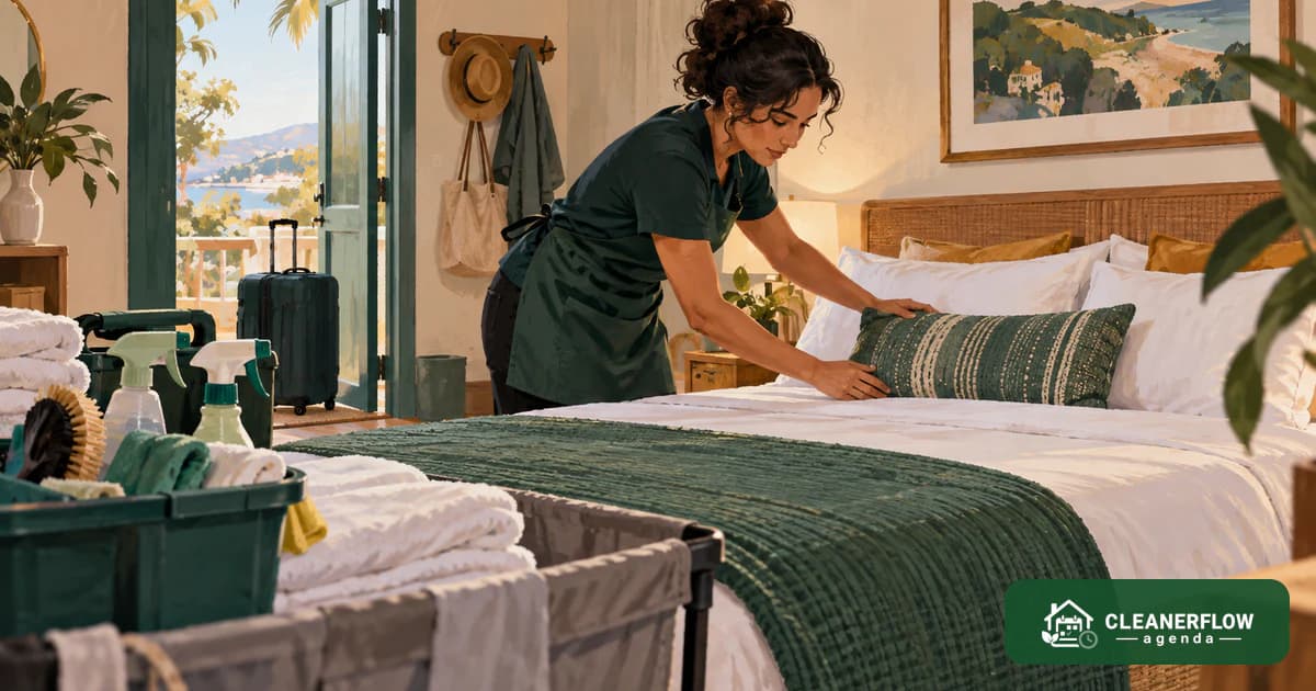A cleaner making the bed in a short-term rental bedroom with a suitcase by the wall
