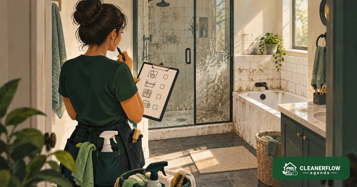 A cleaner holding a clipboard in a bathroom, looking at the shower and the tub