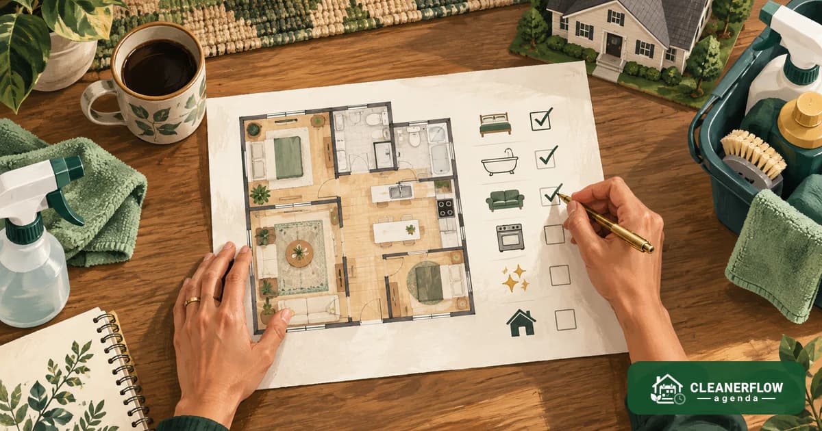 Hands marking a floor plan of a house with checkboxes beside a coffee cup