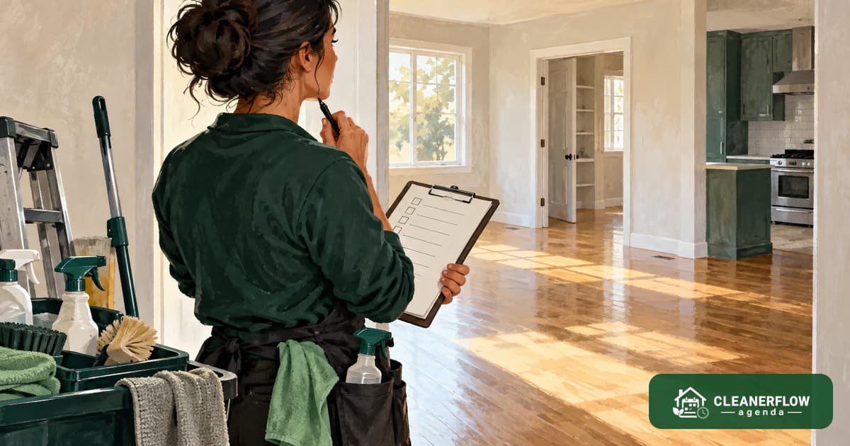 A cleaner with a clipboard standing in an empty apartment with bare floors