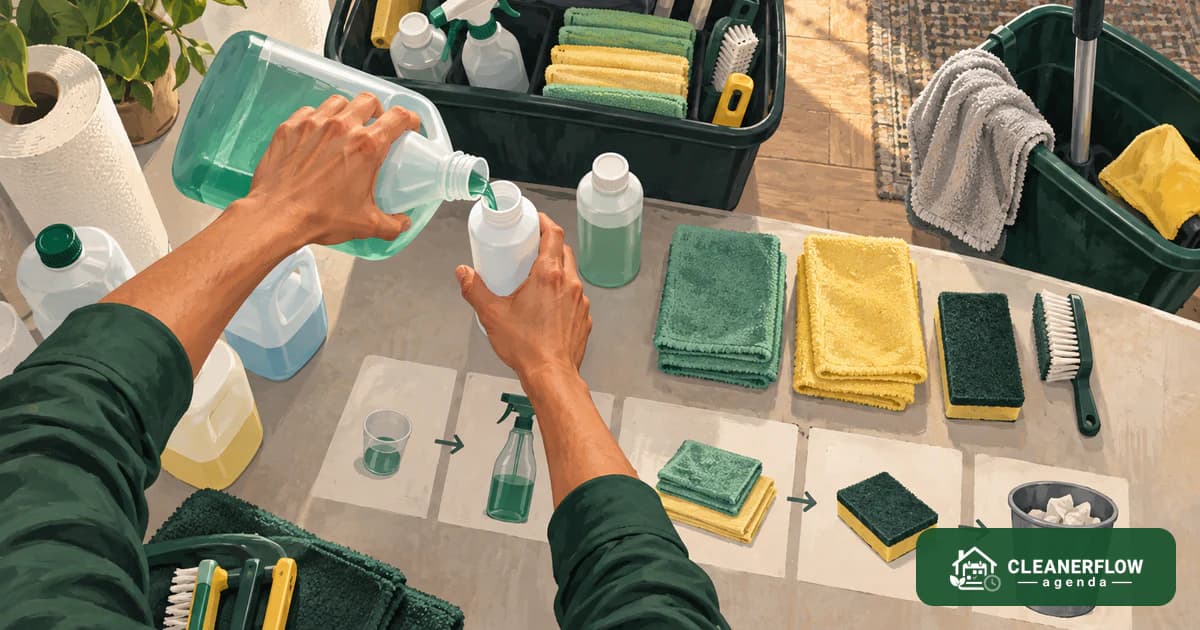Hands decanting cleaning liquid into a smaller bottle beside folded cloths and sponges