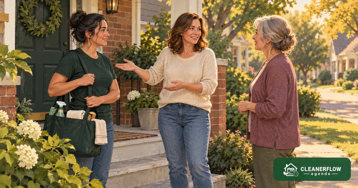 A cleaner talking with a client and her neighbour on a front porch