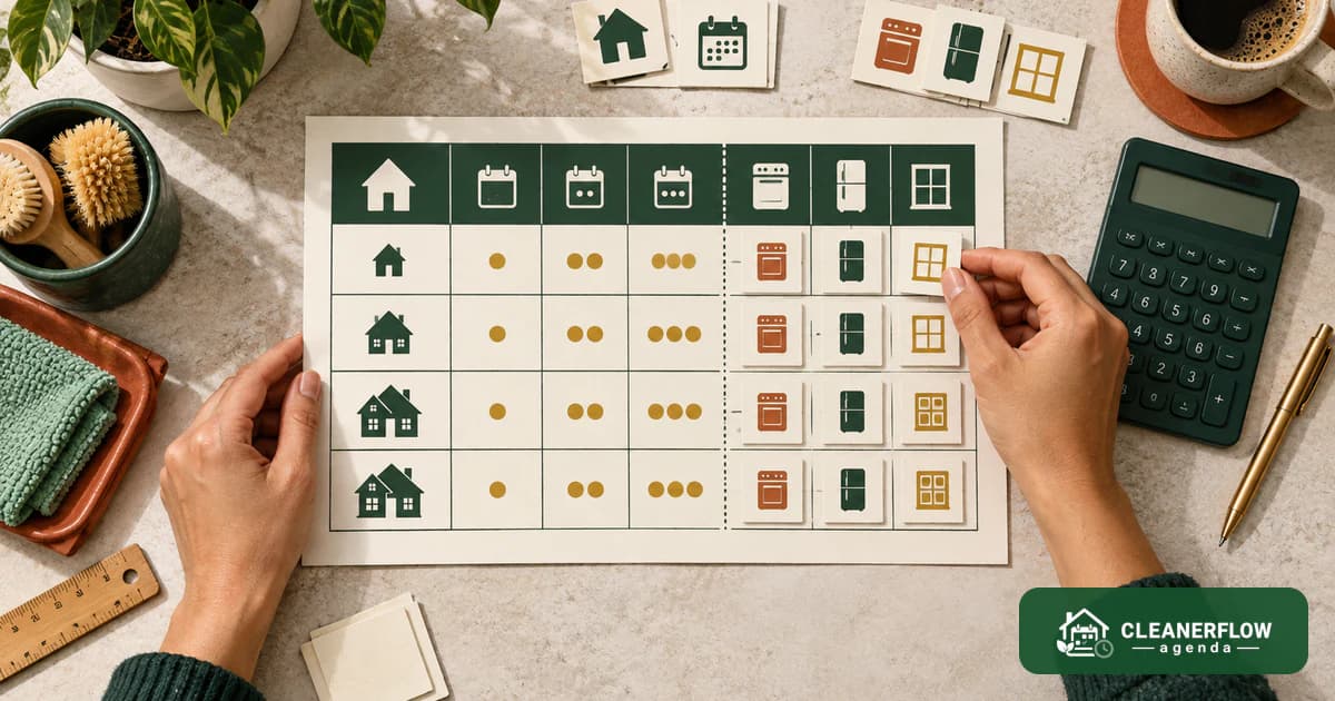 Hands filling in a grid of house icons and price dots beside a calculator