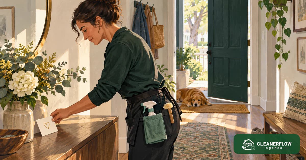 A cleaner leaving a small card with a heart on a hallway console before she goes