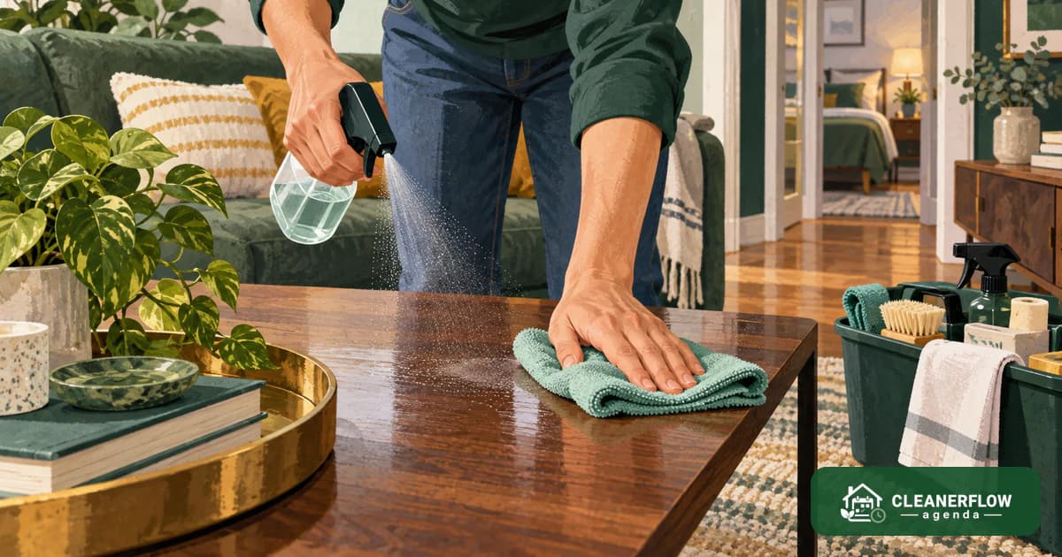 Hands spraying and wiping a coffee table in one movement, the room already tidy