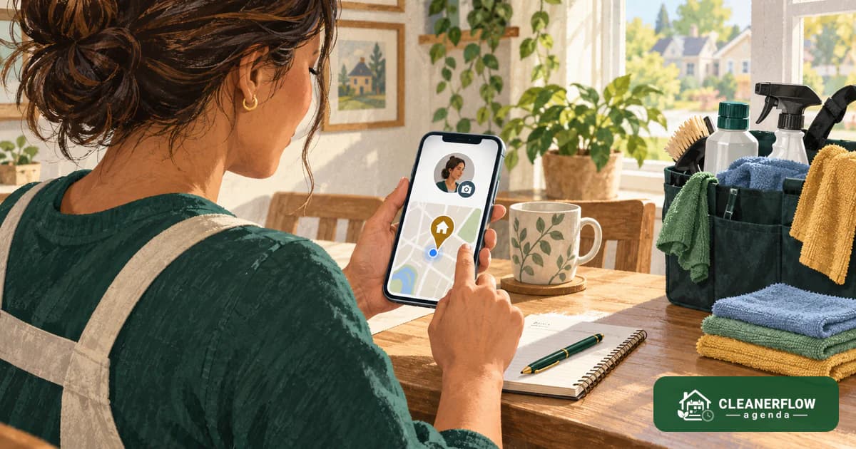 A cleaner setting up a map listing on her phone at a kitchen table