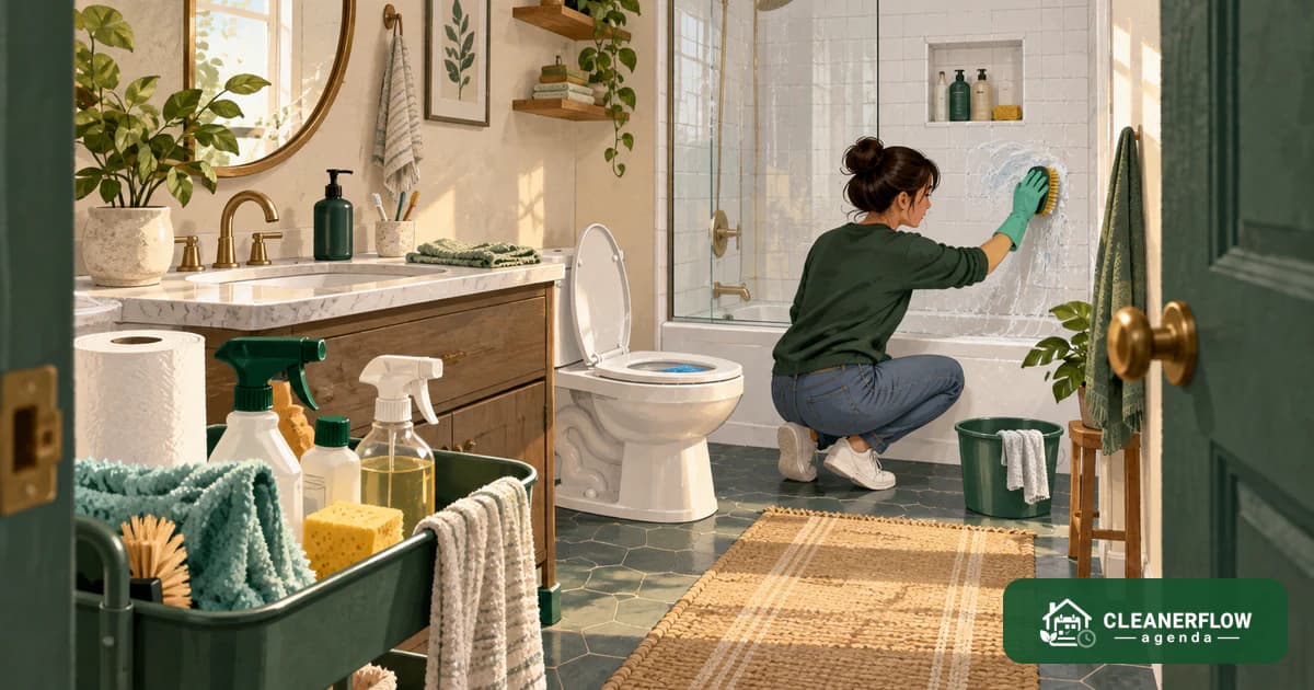 A cleaner working through a bathroom with her caddy and products laid out in order