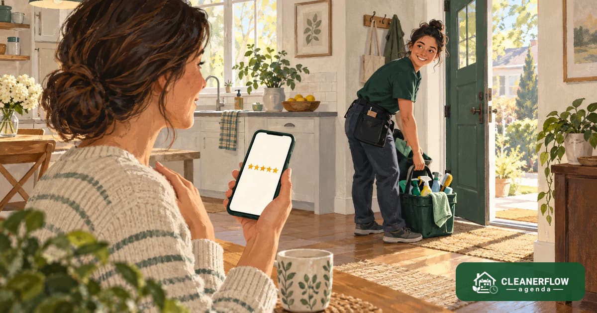 A client tapping a rating on her phone while the cleaner leaves through the door
