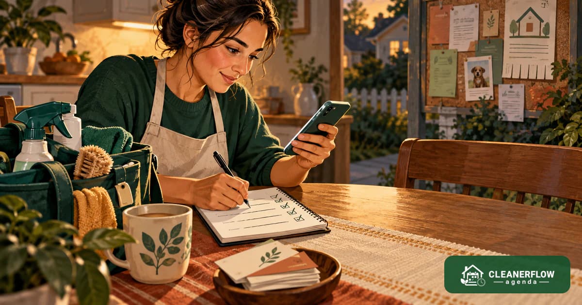 A cleaner writing in a notebook and checking her phone at a kitchen table