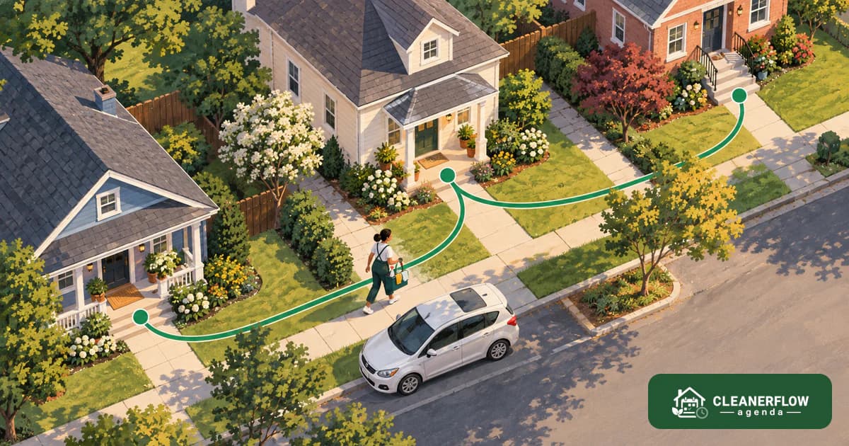 An aerial view of a street with a route linking several houses to a parked car