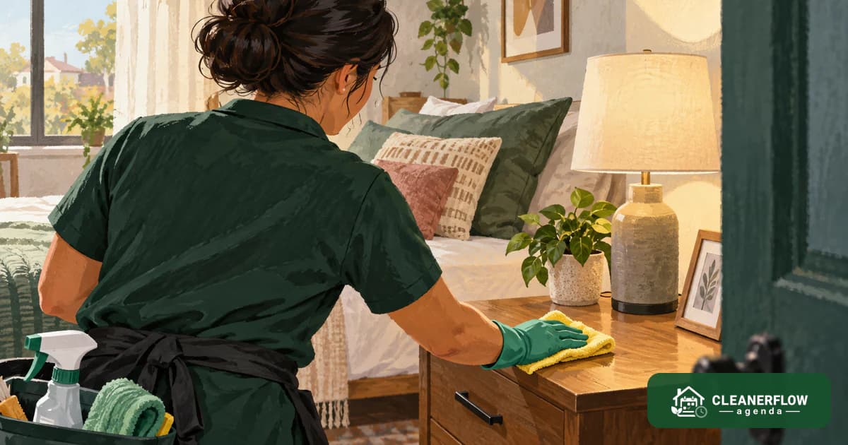 A cleaner wiping a bedside table in a client's room