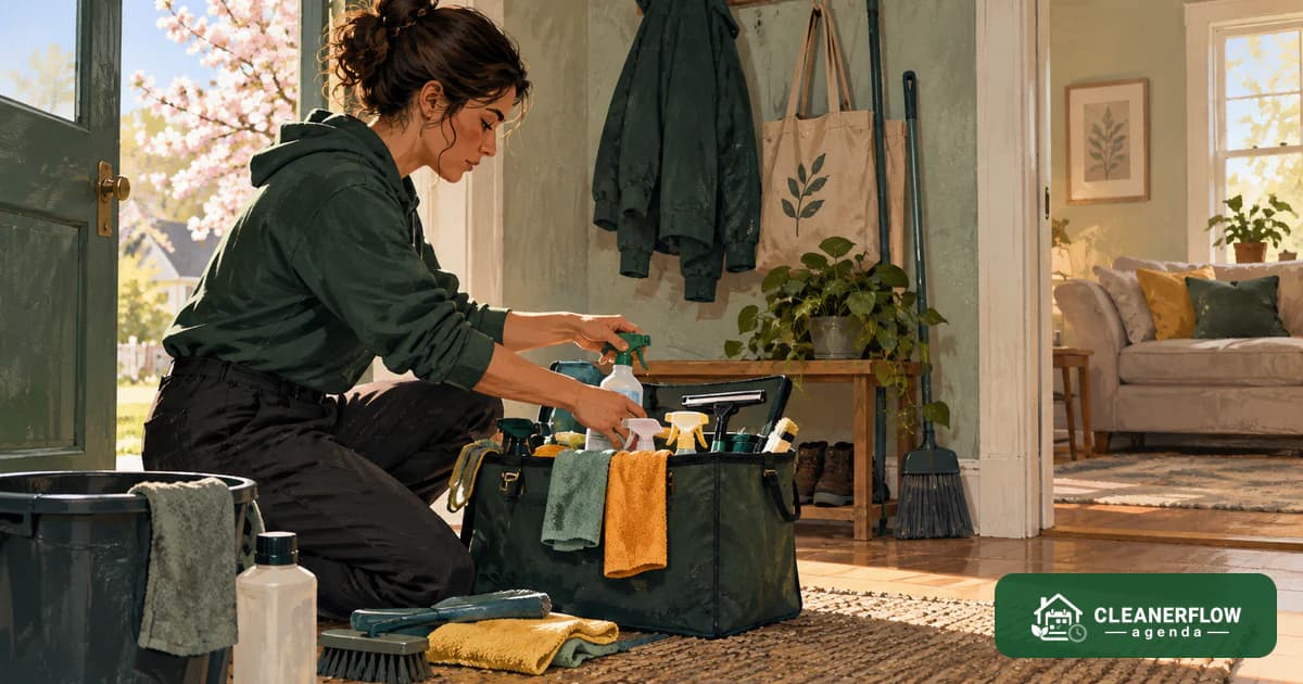 A cleaner repacking and checking her supplies at home during a quiet week