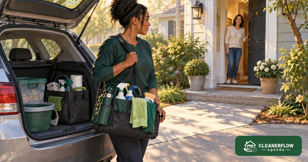 A cleaner taking her caddy from the back of her car as a client waits at the door