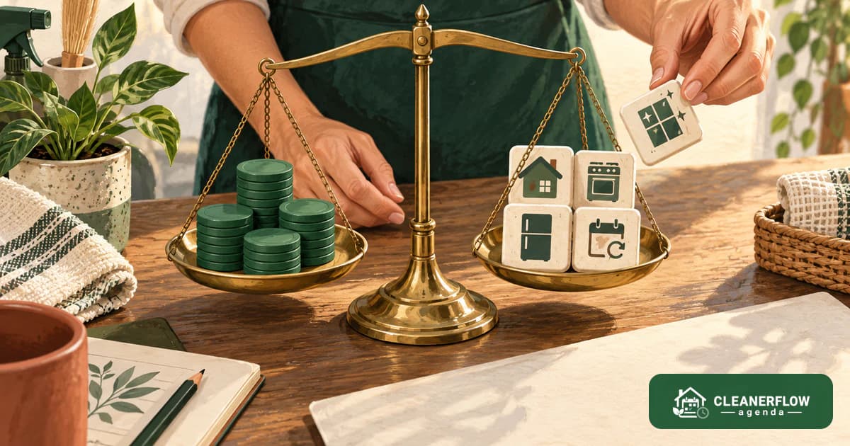 A set of scales weighing stacked coins against house and calendar cards