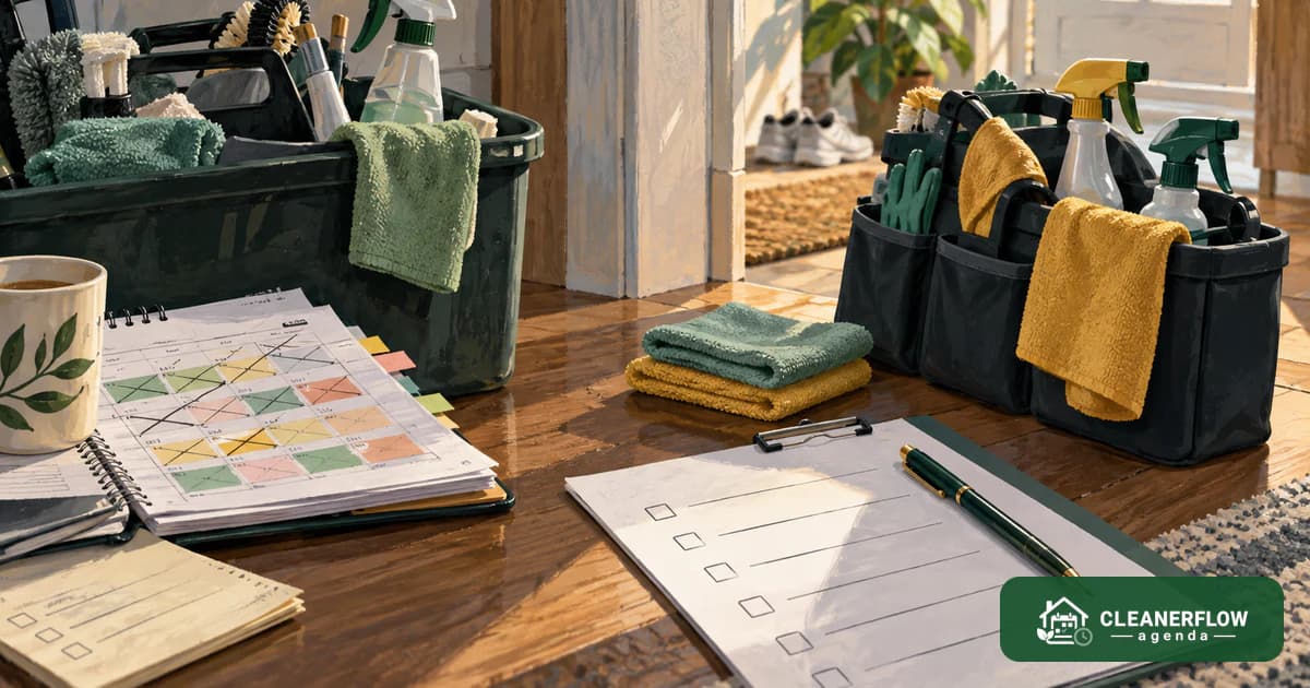Two full caddies side by side on a table beside a planner and a blank checklist