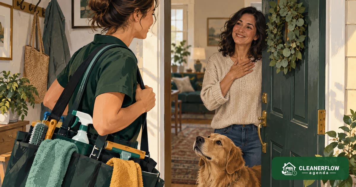 A client greeting her cleaner warmly at the door with the dog beside her