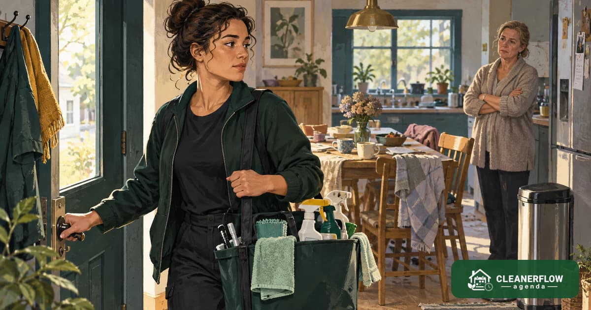 A cleaner pausing at the door of a cluttered kitchen while the client stands behind her