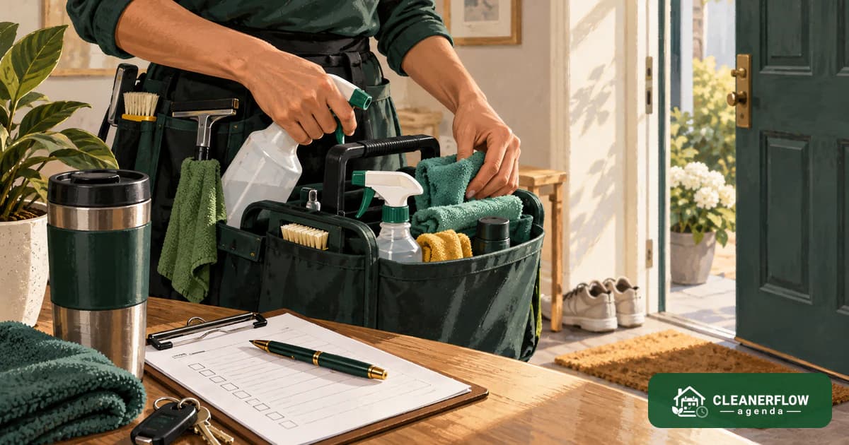 A tidy caddy, a pen and a blank pad set out on a client's table before starting