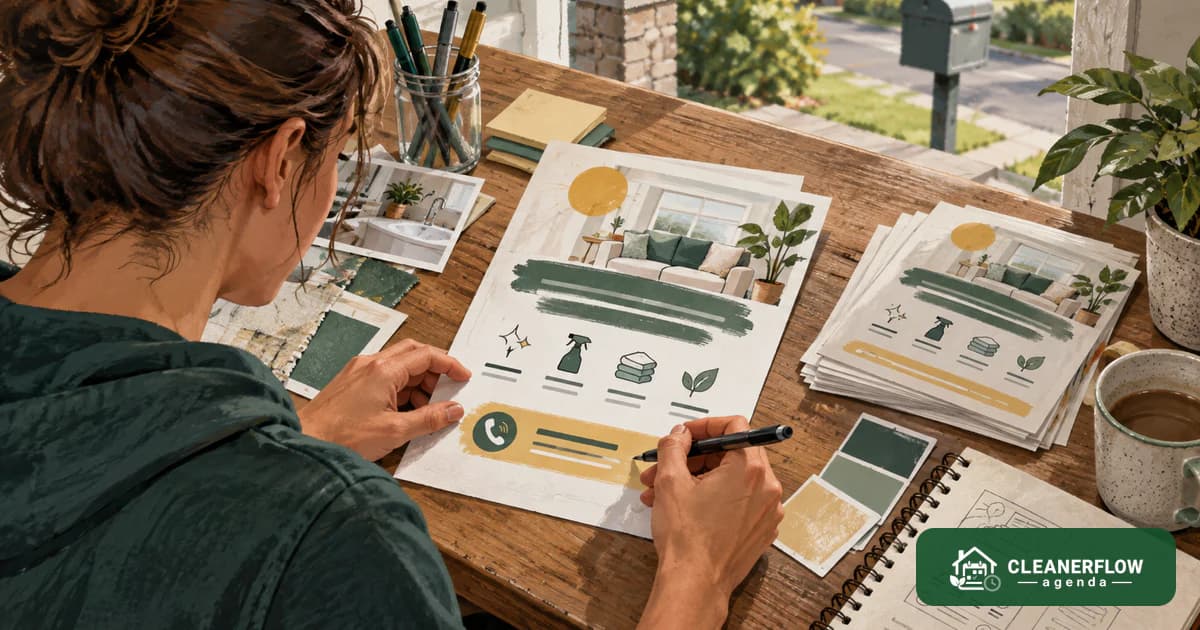 A cleaner laying out a flyer of photos and icons on a table with a stack of printed copies