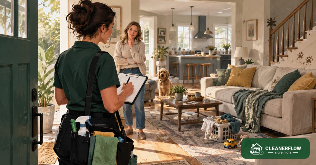 A cleaner with a clipboard looking over a lived-in living room while the client waits