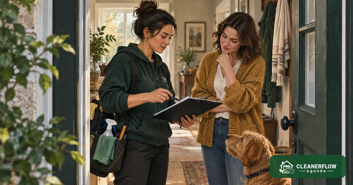 A cleaner going through a one-page agreement on a tablet with a client at the door