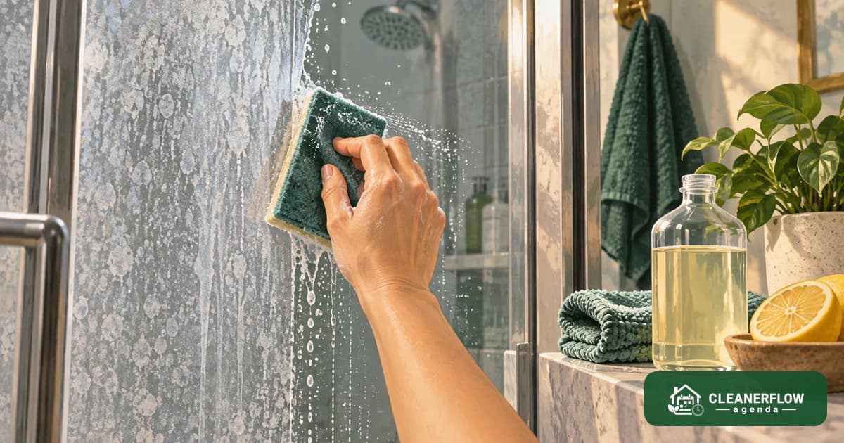 A hand scrubbing limescale off a glass shower panel with a bottle of vinegar nearby