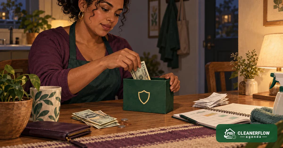 A cleaner putting cash into a separate box at her kitchen table in the evening