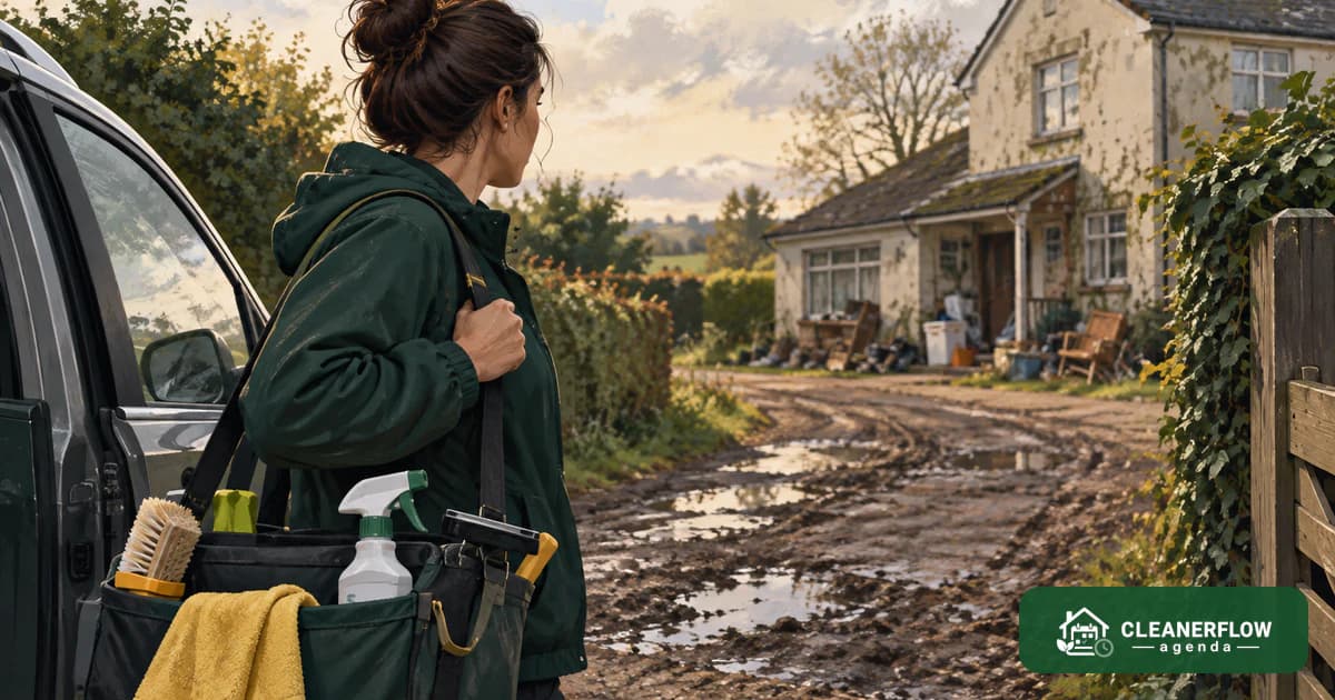A cleaner standing by her car looking at a run-down property down a muddy track