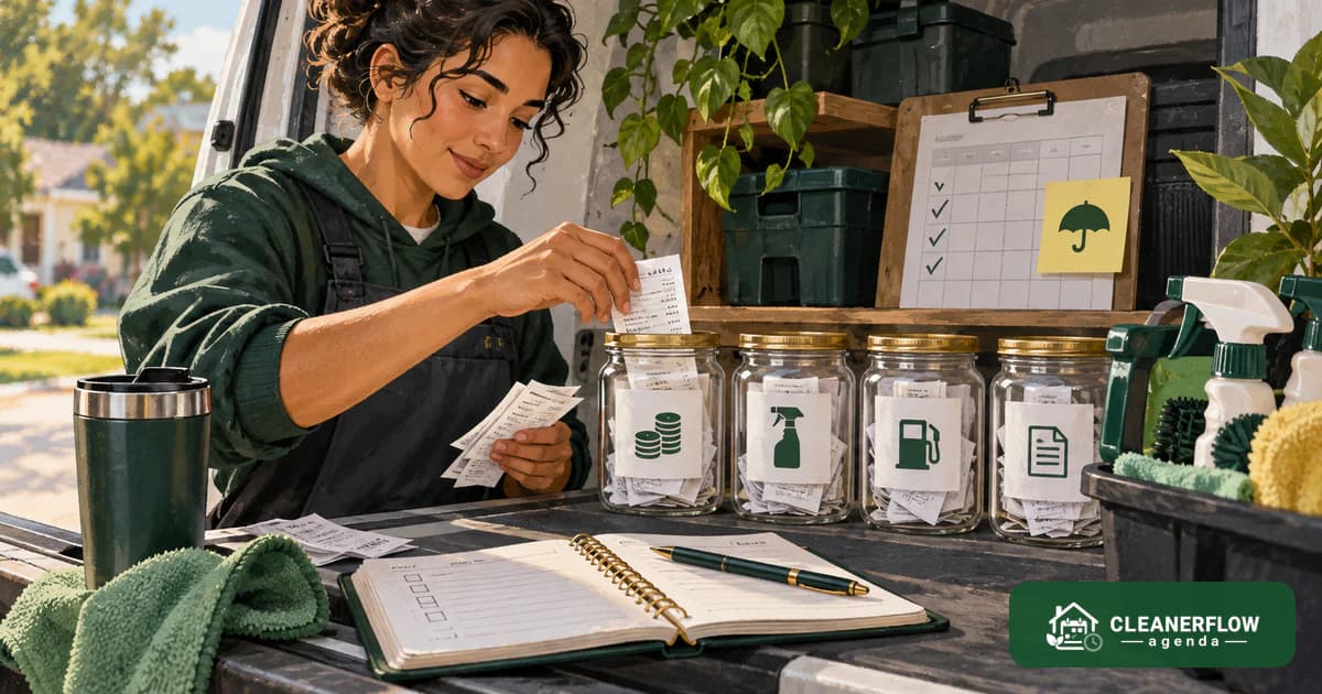 A cleaner filing receipts into jars labelled with money, supply, fuel and paperwork icons