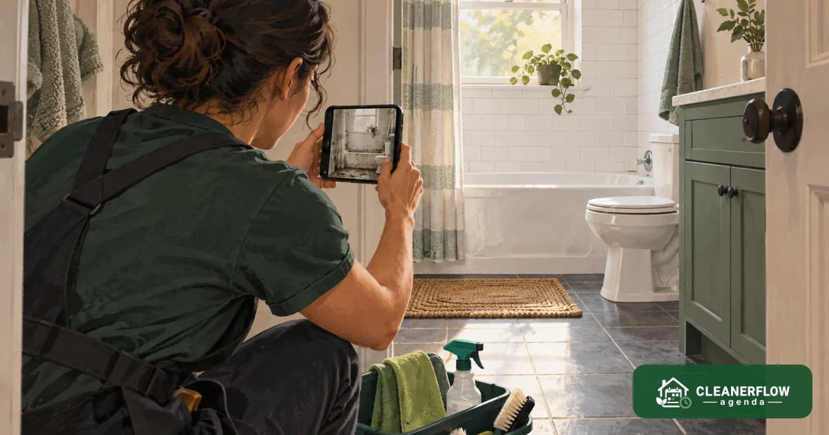 A cleaner photographing a finished bathroom with her phone from the doorway