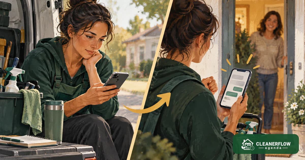 Two panels: a cleaner sending a follow-up message, and a client welcoming her at the door
