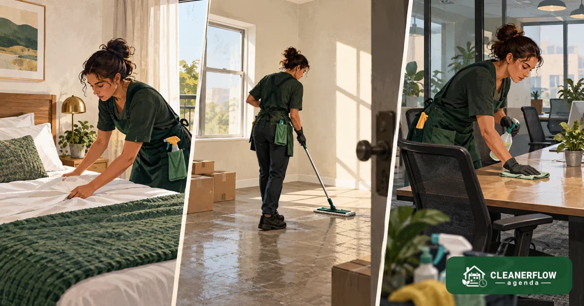 Three panels of the same cleaner working a rental bedroom, an empty apartment and an office
